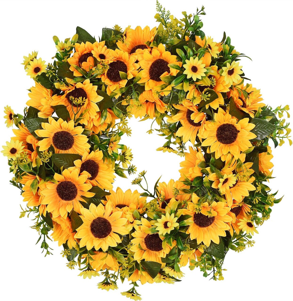 Artificial Sunflower Summer Wreath - 16 Inch Decorative Fake Flower Wreath with Yellow Sunflower and Green Leaves